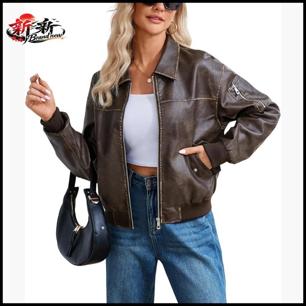 Faux Leather Motorcycle Jacket Zip Up Bomber Coat Women's Outerwear